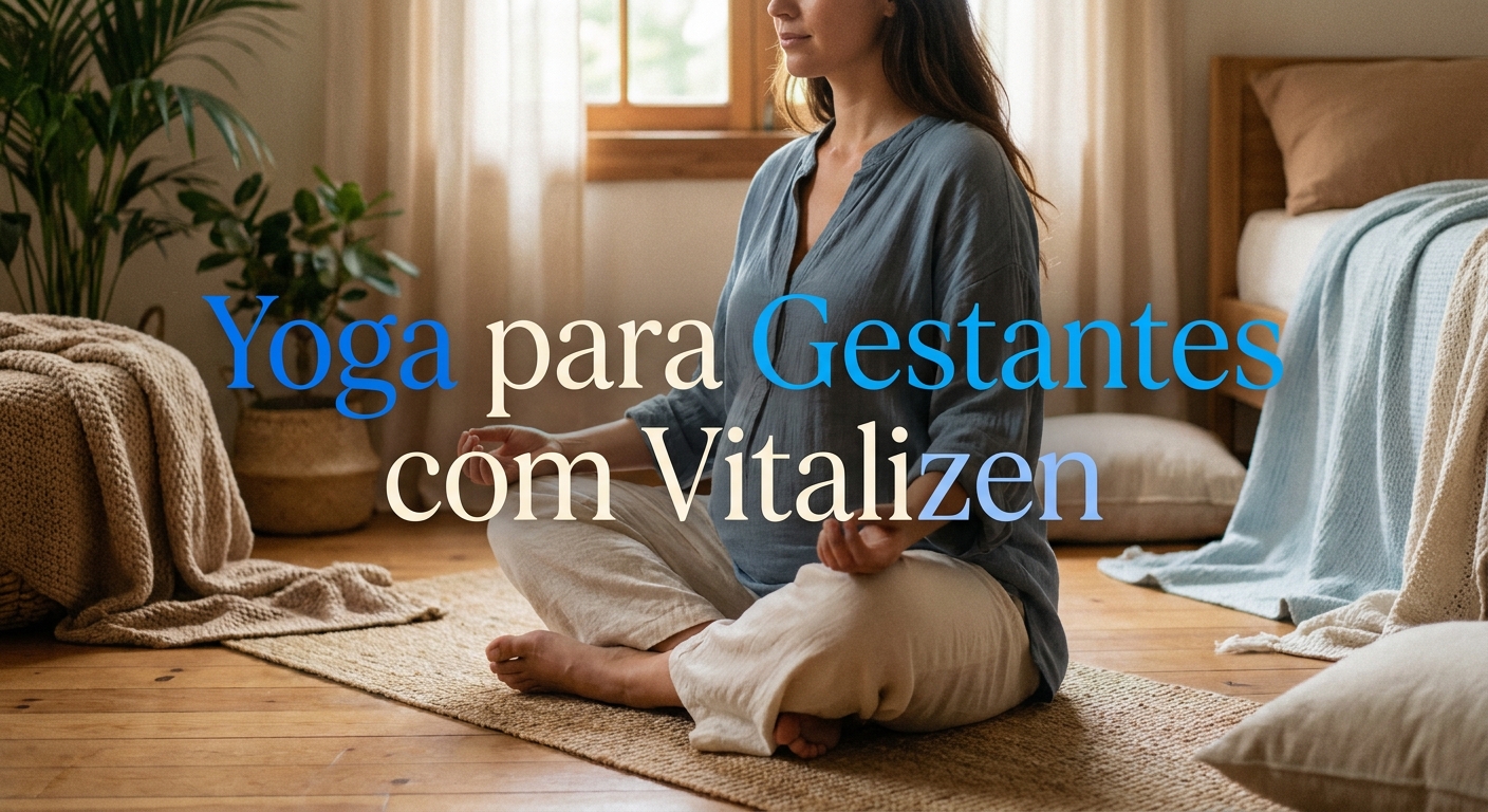 Gestante praticando yoga suave com o Vitalizen App durante a gravidez