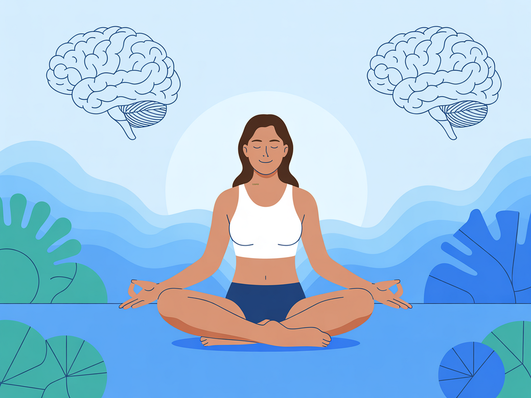 Ilustração de uma pessoa praticando yoga para TDAH, demonstrando foco e concentração aprimorados pelo movimento corporal.