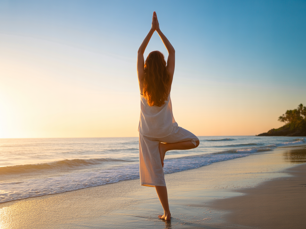 Person practicing yoga at sunrise, embodying the mental wellness benefits of yoga and meditation.