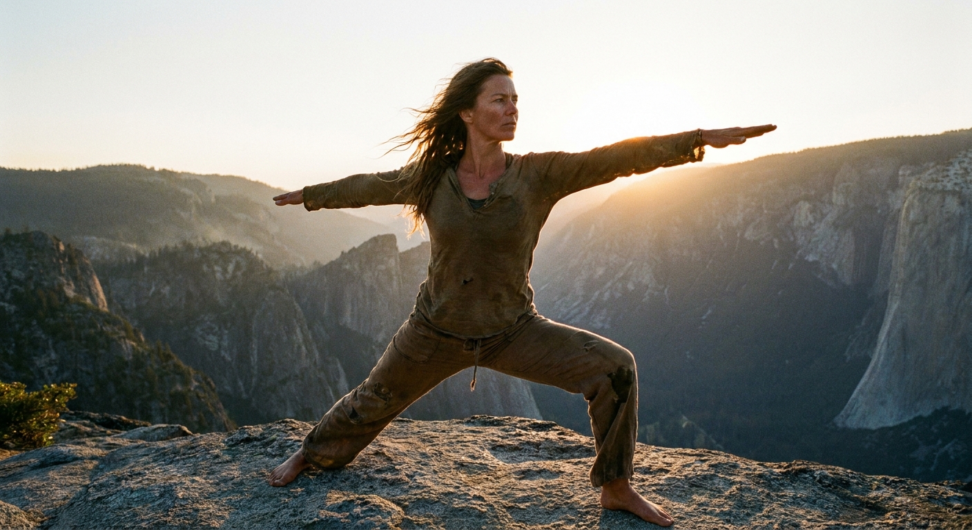 Woman performing Warrior II pose as part of beginner yoga sequence