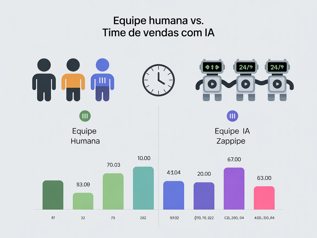 Gráfico comparativo mostrando a escalabilidade de um time de vendas com IA versus um time humano
