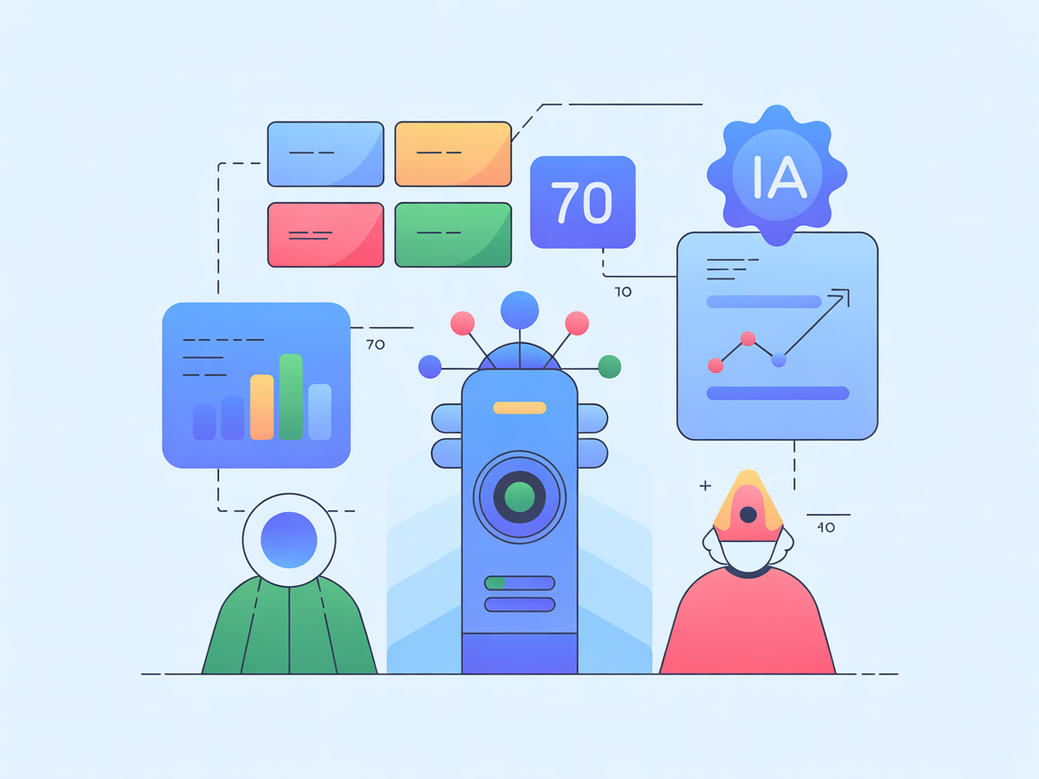 Ilustração de um time de vendas com IA, mostrando agentes virtuais conectados e gráficos de crescimento, representando o CRM automatizado com IA da Zappipe.