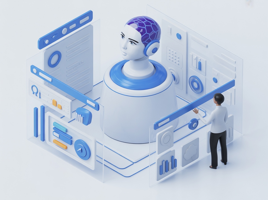 CEO operando um CRM com Inteligência Artificial que exibe gráficos de crescimento de vendas, simbolizando a automação e escalabilidade.