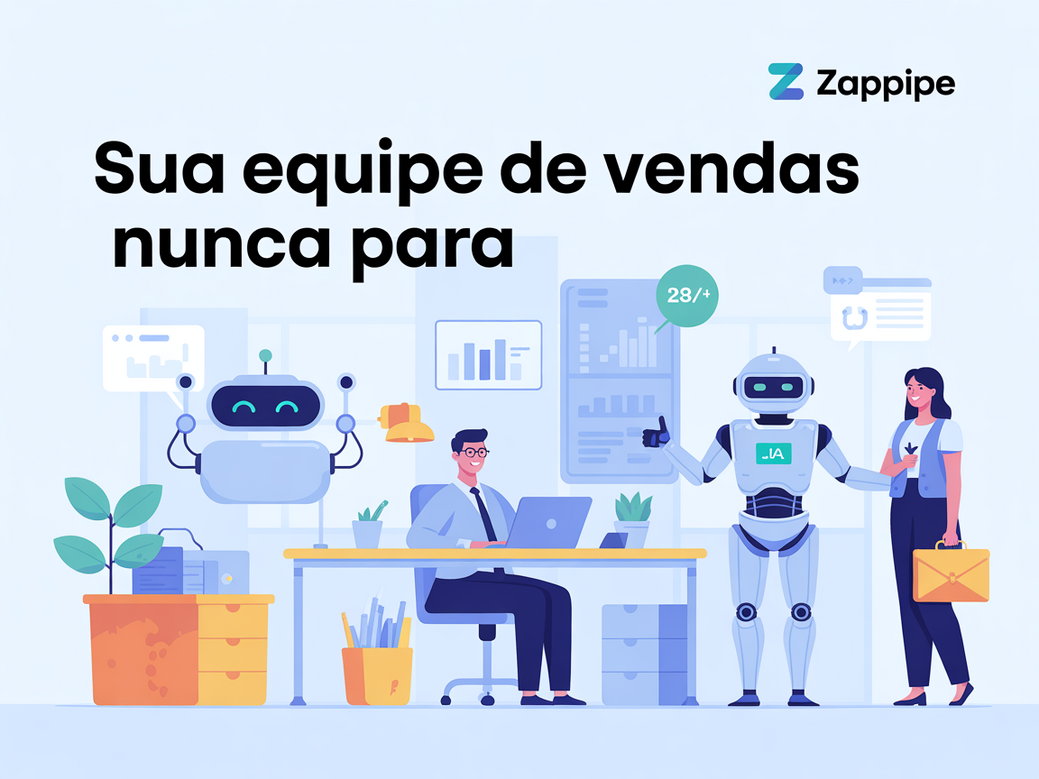 Ilustração de um CRM com IA mostrando robôs e humanos trabalhando juntos para criar uma equipe de vendas 24 horas.