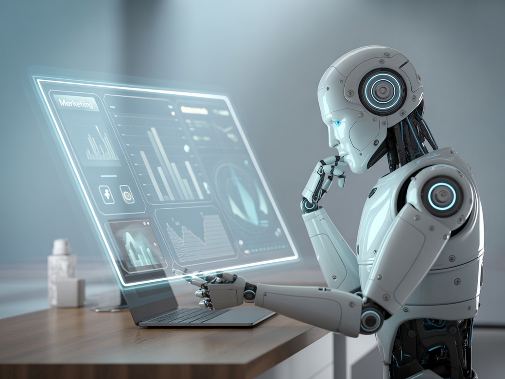 Futuristic robot analyzing marketing graphics on a screen, illustrating how an AI CRM can reduce CAC.