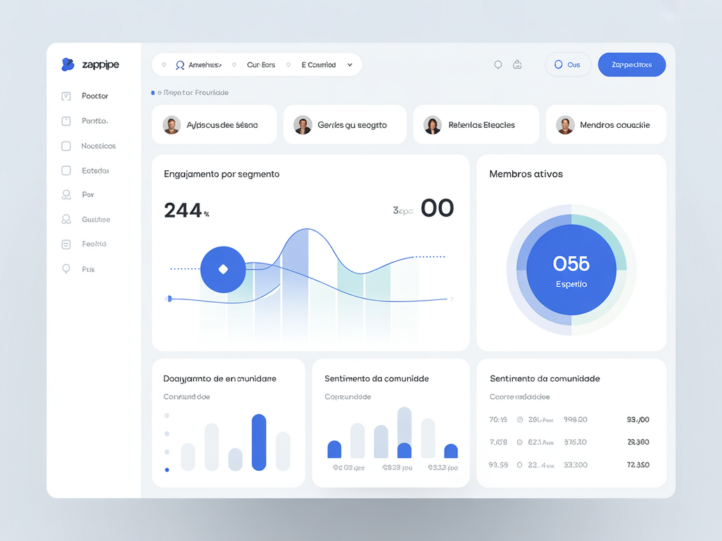 Dashboard do Zappipe CRM com IA mostrando a análise de engajamento da comunidade, com gráficos de sentimento e membros ativos.