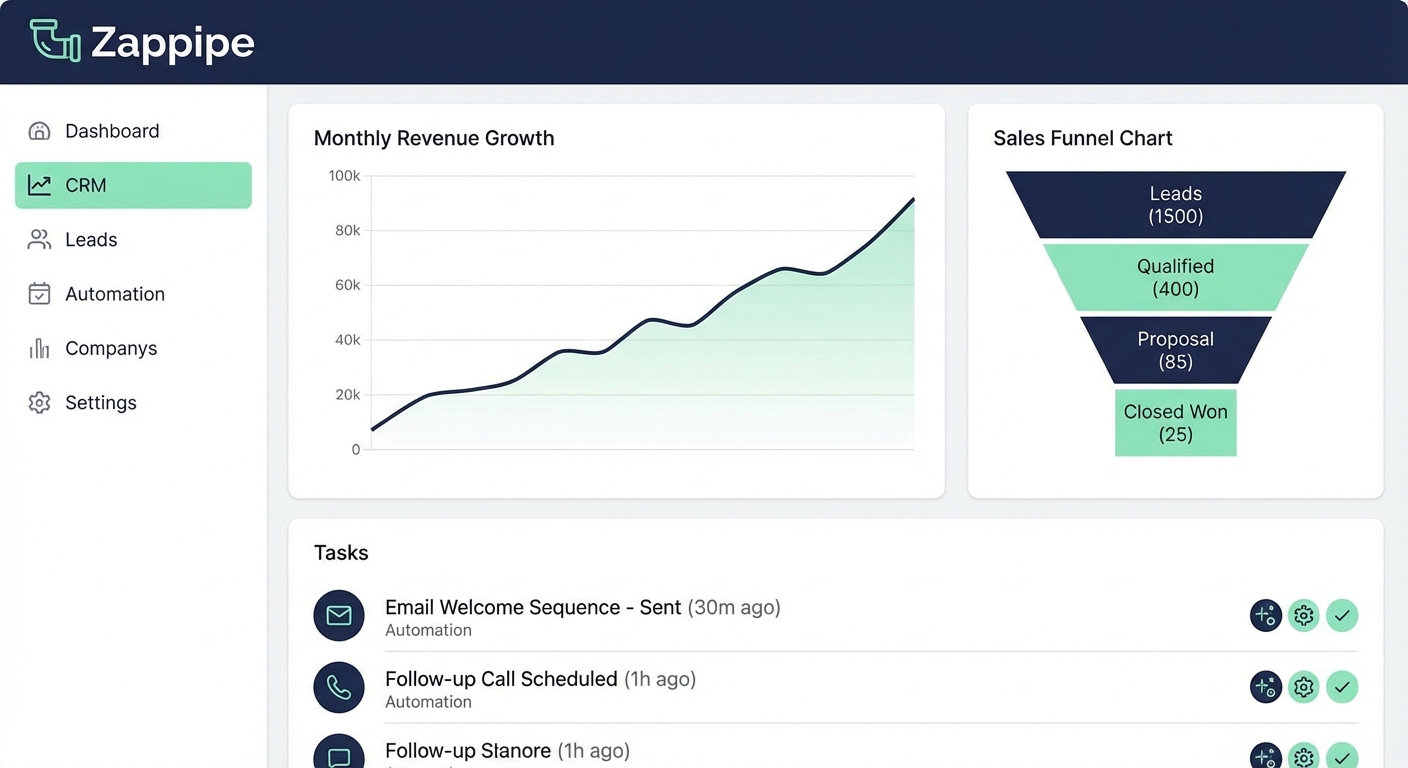 Dashboard do Zappipe mostrando métricas de CRM com IA