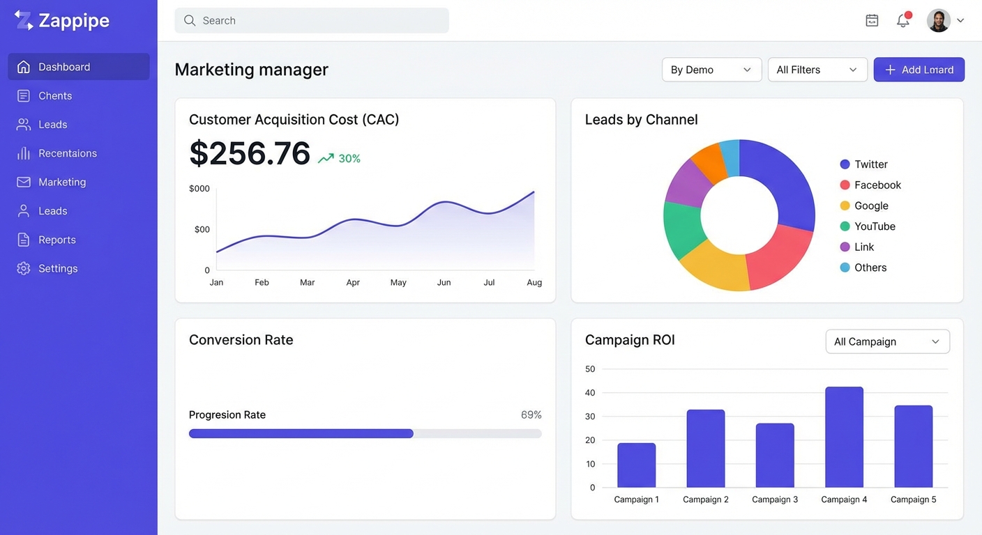 Dashboard de um CRM para comunidade como o Zappipe, exibindo métricas de engajamento e o funil de inbound marketing.