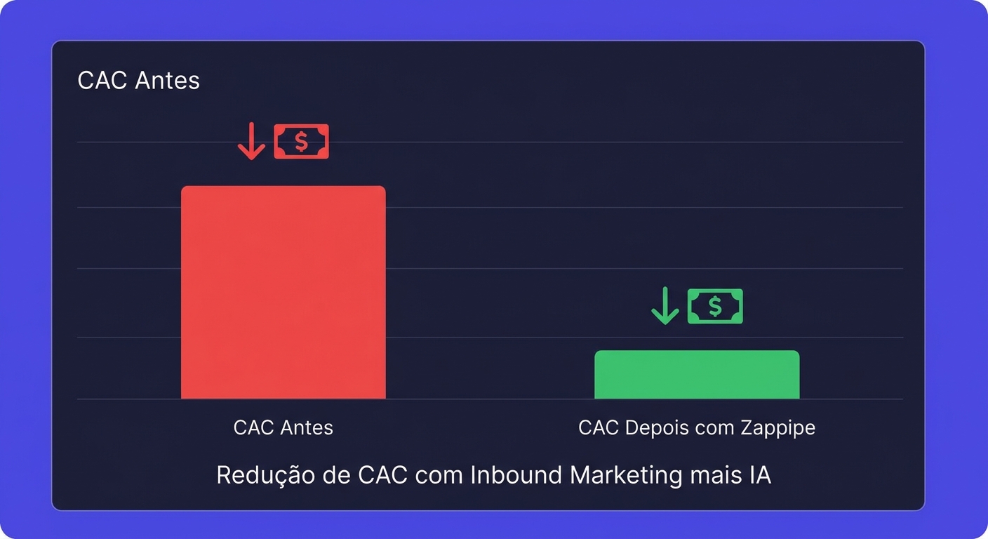 Gráfico comparativo mostrando a redução do CAC com CRM tradicional versus CRM com agentes autônomos da Zappipe