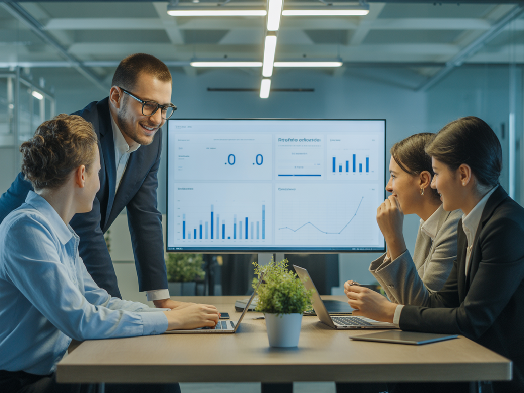 Equipe de vendas moderna colaborando em um escritório de alta tecnologia, demonstrando o futuro do trabalho com um CRM com IA.