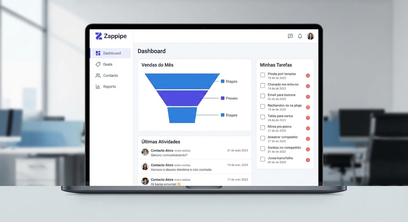 Screenshot da interface do Zappipe CRM, mostrando um dashboard limpo e moderno com gráficos de vendas e automação de marketing.