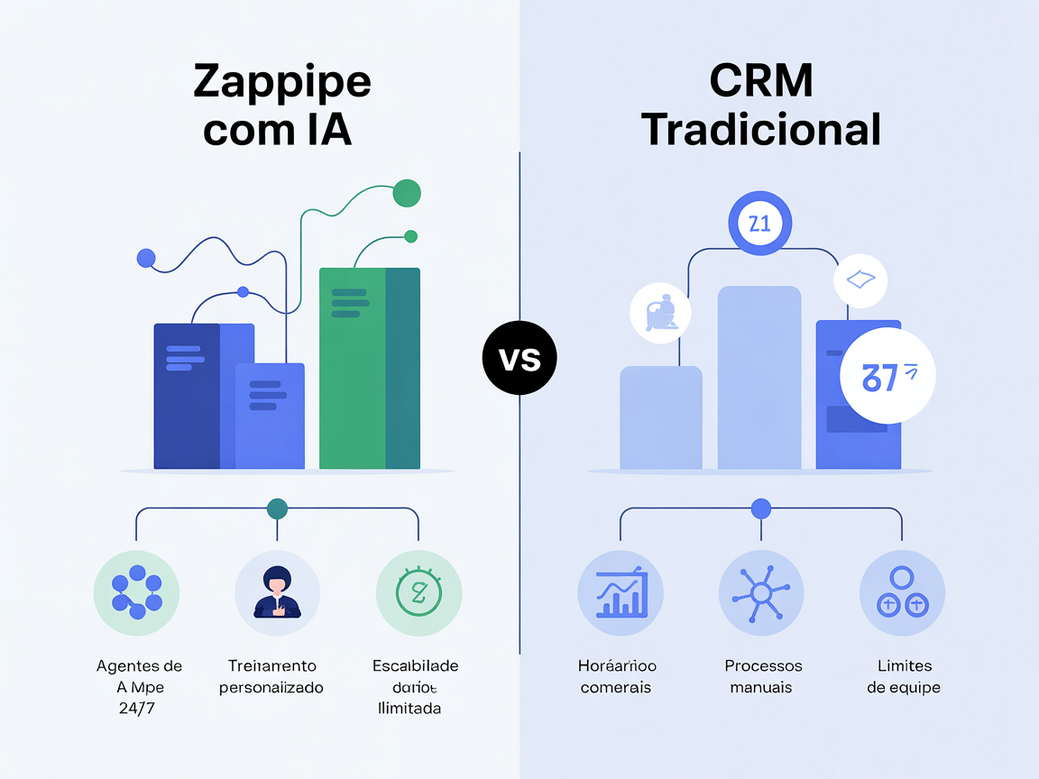 Infográfico comparando um CRM com IA como o Zappipe, que oferece agentes treináveis e disponibilidade 24/7, com um CRM tradicional.