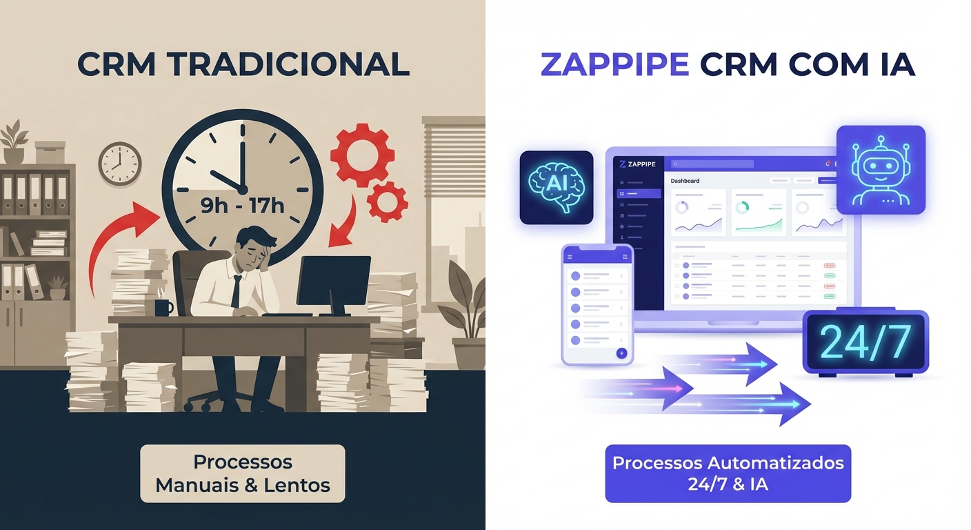 Comparativo visual entre CRM tradicional e Zappipe com IA