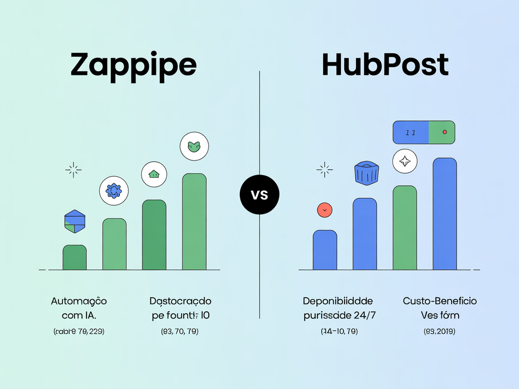 Infográfico comparativo entre Zappipe e Hubpost, destacando automação com IA, disponibilidade 24/7 e custo-benefício.