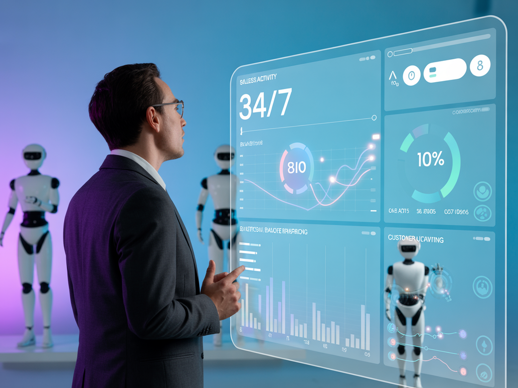 CEO analyzing a futuristic AI CRM dashboard from Zappipe with 24/7 sales growth charts.