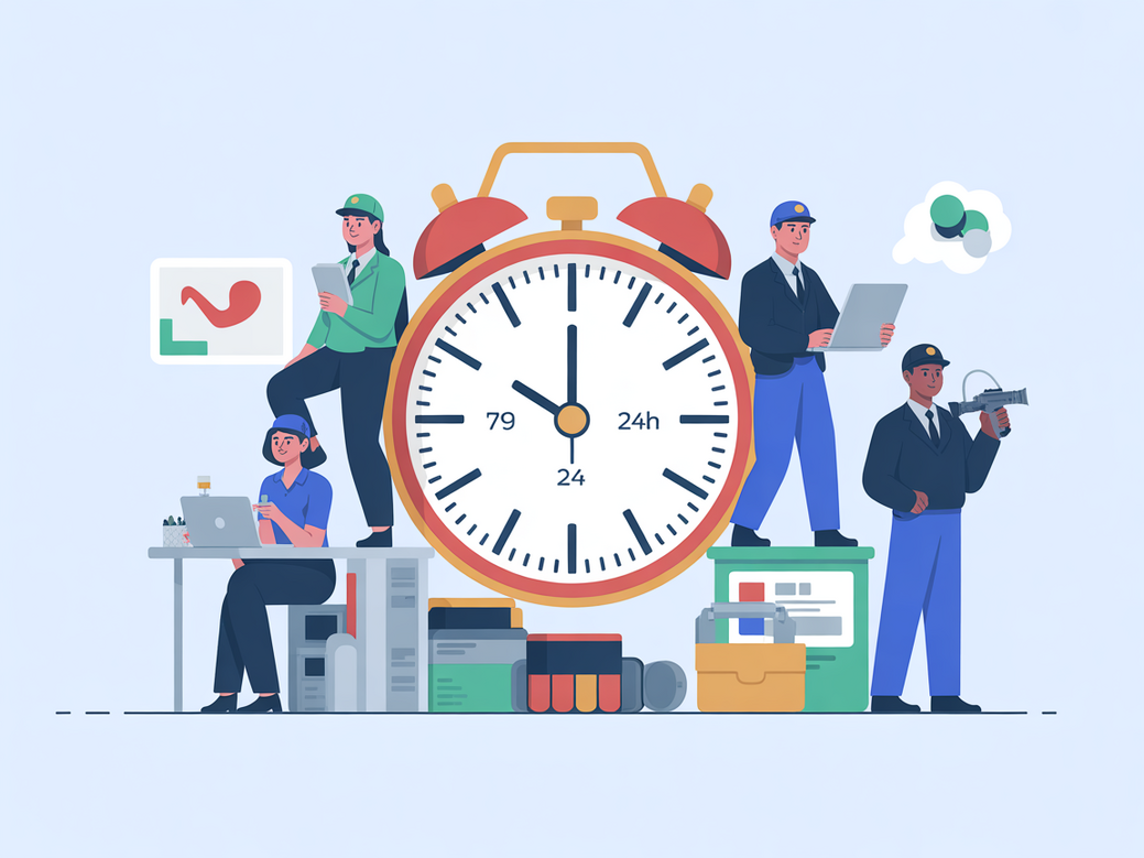 Ilustração de uma equipe de vendas que nunca dorme, com agentes de IA trabalhando 24 horas por dia.