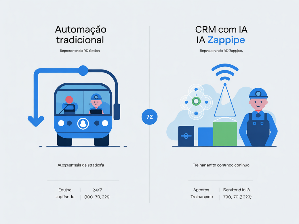 Infográfico comparativo entre Zappipe, um CRM com inteligência artificial, e a automação tradicional do RD Station.