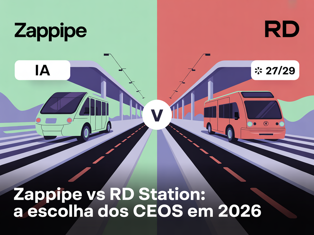 Comparativo visual entre Zappipe e RD Station com ícones de Inteligência Artificial e automação 24/7, destacando a escolha de CEOs para 2026 com foco em CRM com IA.