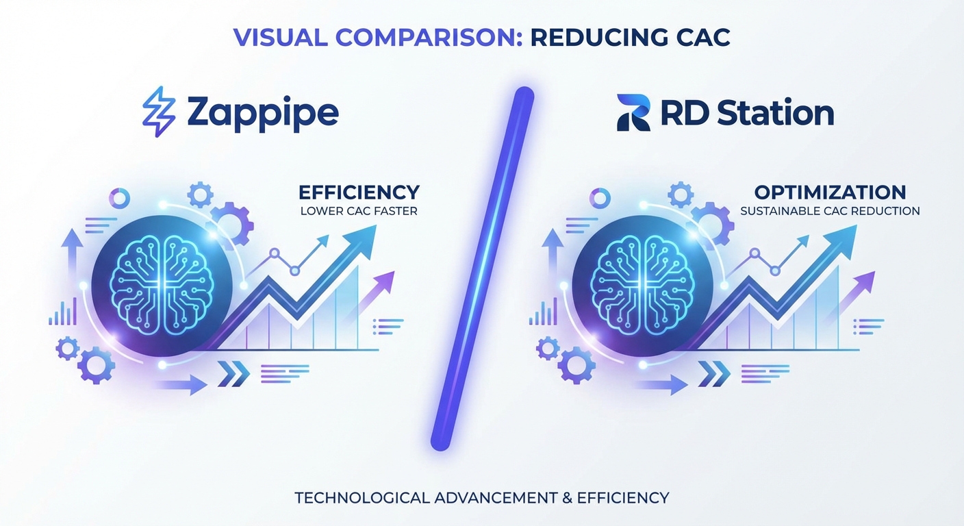Comparativo visual entre Zappipe e RD Station com foco em redução de CAC e Inteligência Artificial