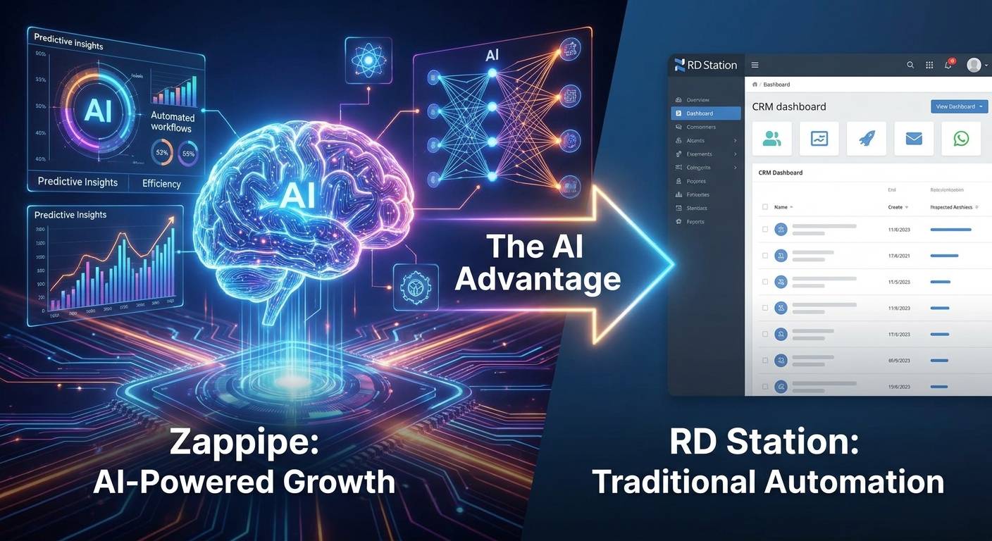 Comparação visual entre Zappipe e RD Station mostrando interface de CRM com IA