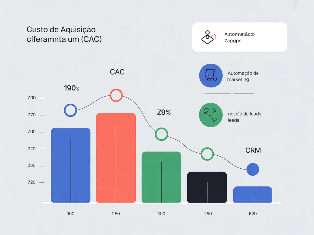 Infográfico comparativo mostrando a redução do Custo de Aquisição de Clientes (CAC) com Zappipe em comparação com outras soluções, destacando funcionalidades como automação e gestão de leads.