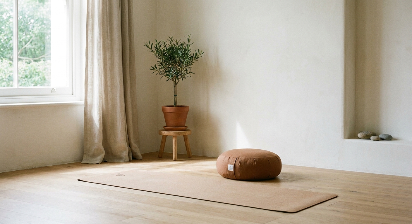A serene and minimalist Zen space prepared for a yoga and meditation session at home with soft lighting and plants